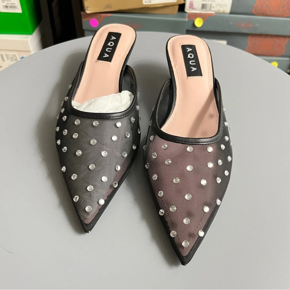 Aqua Black Mesh Heels with Rhinestone Accents - Picture 3 of 7